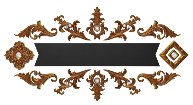 Luxurious vintage baroque frame with ornate gold filigree scrolls and sparkling gems, featuring a blank black banner for custom text - Powered by Adobe