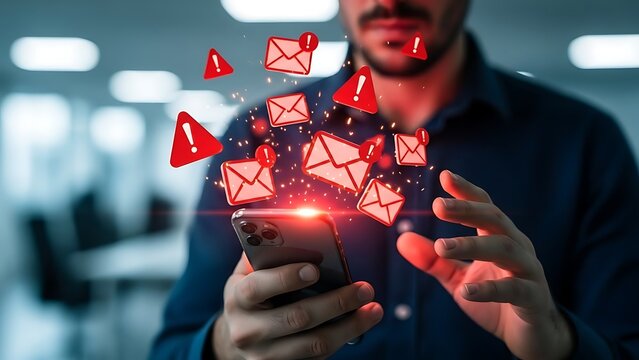 Businessman using smartphone with spam email warnings for security awareness
