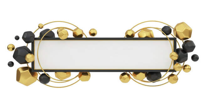 Abstract Geometric Banner with Golden and Black Spheres and Shapes for Design and Decoration