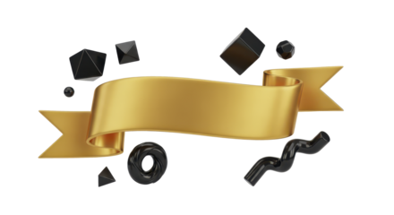 Premium Golden Ribbon Banner Adorned with Abstract Geometric 3D Shapes, Ideal for Stylish Graphic Design, Event Titles, and Modern Promotions