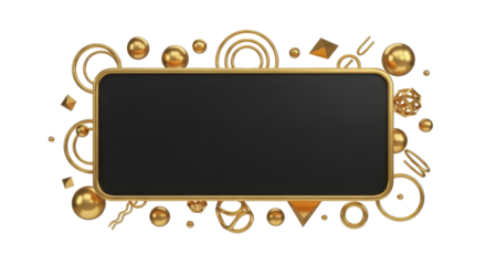 Elegant decorative frame with a blank black screen for text, surrounded by abstract golden geometric objects on a clean white background