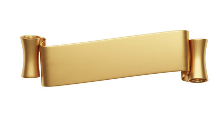A luxurious golden scroll banner with curled ends, perfect for awards or titles, isolated on a white background. This 3D rendered ribbon offers a blank space for custom text or design
