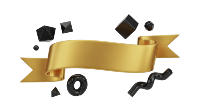 Premium Golden Ribbon Banner Adorned with Abstract Geometric 3D Shapes, Ideal for Stylish Graphic Design, Event Titles, and Modern Promotions