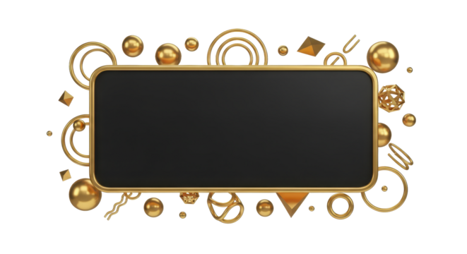 Elegant decorative frame with a blank black screen for text, surrounded by abstract golden geometric objects on a clean white background