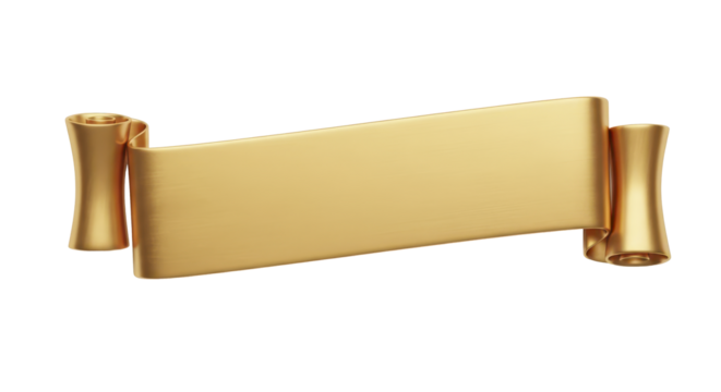 A luxurious golden scroll banner with curled ends, perfect for awards or titles, isolated on a white background. This 3D rendered ribbon offers a blank space for custom text or design