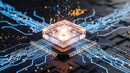 Futuristic digital circuit board with glowing central processor