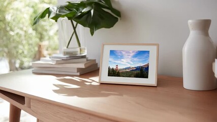 Medium shot showing a minimalistic woodframed smart display capturing clean lines and simplicity that blend technology with understated design.