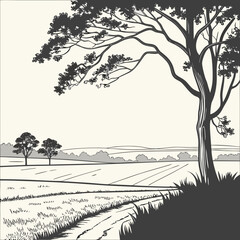 Fototapeta premium Stylized black and white illustration of a winding dirt path through a grassy field leading to rolling hills and trees