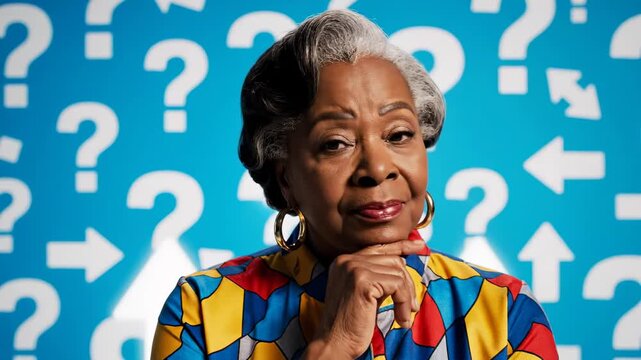 Thoughtful elderly african american woman pondering a choice, touching her chin with a pensive expression, and finally smiling as she finds a solution against a blue background with question marks