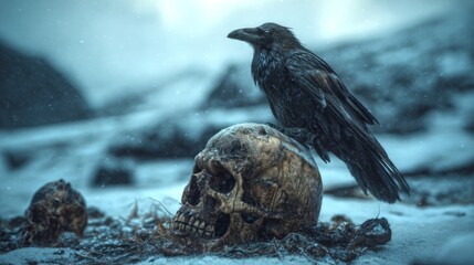 Obraz premium A dark and mysterious scene featuring a raven perched on a weathered skull. The chilling atmosphere evokes feelings of intrigue. Ideal for horror themes or gothic art. AI