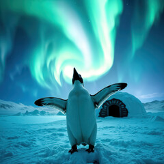 A joyful Arctic penguin is captivated by the breathtaking spectacle of the Northern Lights, with a cozy igloo standing in the background 