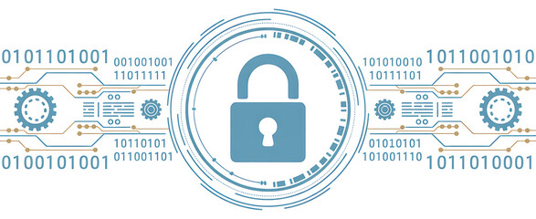 Digital data security padlock with gears and binary code graphic