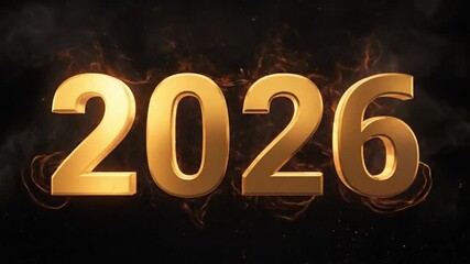 A striking visual display of the year 2026, rendered in bold, shimmering golden 3D digits, emerges dynamically against a dramatic backdrop of crackling flames, swirling smoke, and scattering embers. T