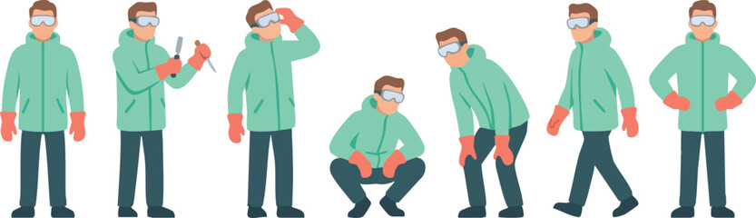 A series of illustrated workers in safety goggles and gloves performing various standing and crouching poses in matching protective winter gear