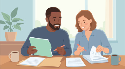 A cheerful couple sits together at a cozy table, reviewing documents and writing notes as they collaborate on paperwork in a warm, homey environment