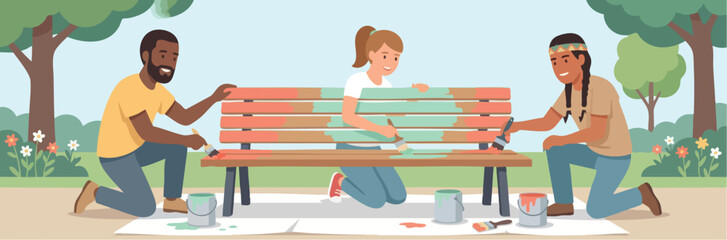 Three volunteers repaint a wooden park bench together on a sunny day in a peaceful community park, working cooperatively with brushes and paint cans