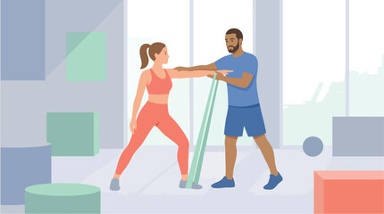 A trainer assists a woman performing resistance-band exercises in a bright modern gym, demonstrating proper form, balance, and controlled movement