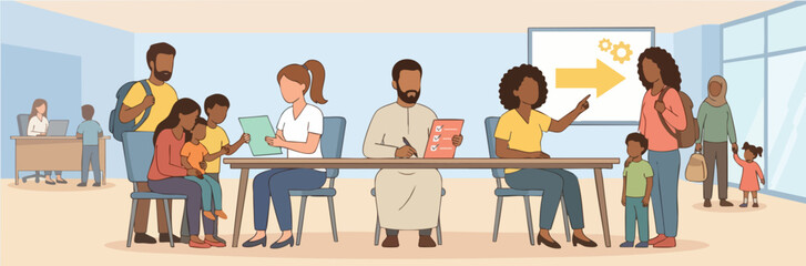 A multicultural group of families and volunteers sits at a long table inside a community center, registering people and offering guidance in a welcoming environment