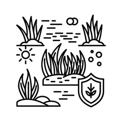 Nature Elements Line Art Icons: Plants, Sun, Growth & Protection Symbols