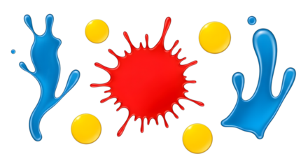 Red, blue, and yellow paint splashes and drops isolated on black background