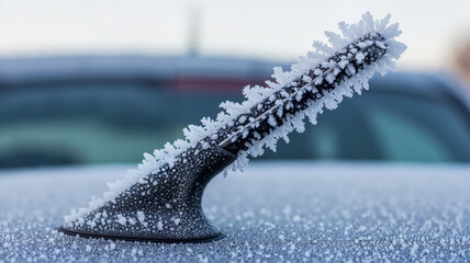 A car antenna covered in frost on a snowy winter morning