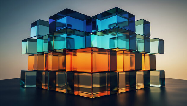 Abstract architectural structure composed of translucent glass cubes in amber and blue hues with reflective surfaces creating geometric patterns and soft ambient lighting