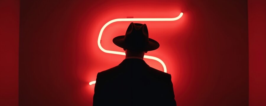 Man in a black hat stands before illuminated letter S. The person in suit faces away from viewer creating a sense of mystery or suspense. Dark silhouette against red background evokes intrigue. - Powered by Adobe