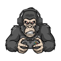 Angry gorilla gamer focused on playing video games with headphones and controller.