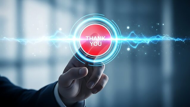 Thank you button press with digital technology and futuristic design - Powered by Adobe