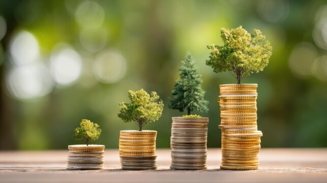 Growing money trees on coin stacks concept