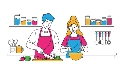 A cheerful couple, wearing aprons, enjoys cooking together in a bright kitchen, with the man chopping vegetables and the woman mixing ingredients.