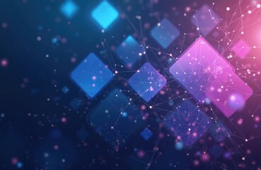 Abstract digital network with glowing squares and nodes. Futuristic tech pattern with blue and purple gradients. Connectivity and data flow visuals.