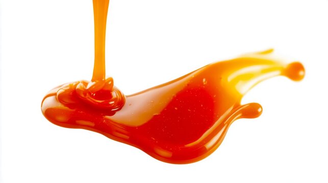 Bright orange syrup cascading down in a smooth flow. Its glossy texture glimmers under the light creating an appetizing look. Perfect for food illustrations and product showcases. AI