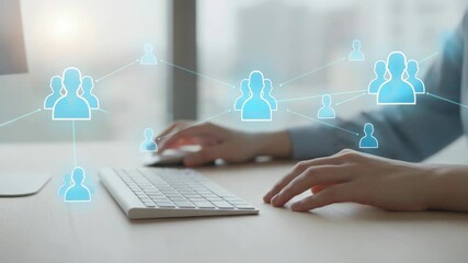 Professional hr manager using a computer to manage a corporate social network, focusing on team building, talent acquisition, and communication strategies for business growth and collaboration - Powered by Adobe