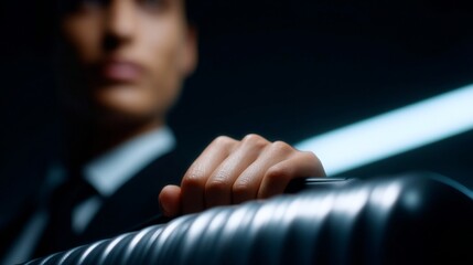 A mysterious figure in a dark setting holds onto a sleek suitcase. The scene evokes tension and style. Perfect for themes of intrigue and secrecy in photography. AI