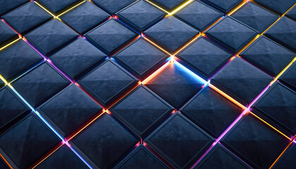 Abstract dark textured geometric surface illuminated by vibrant neon light lines creating a futuristic digital art background with glowing purple blue and orange colors