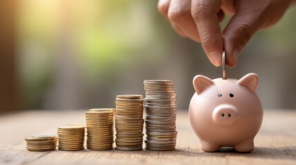 Hand deposits coin into piggy bank next to money stacks