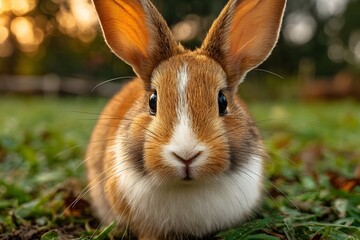 Obraz premium Close-up Portrait of a Cute Brown and Image White Rabbit