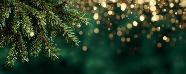 Elegant Christmas background with festive bokeh light on deep green backdrop. magical holiday invitation featuring fir branch with copy space for greeting