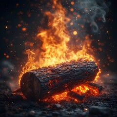 A close-up shot of a burning log inside a fireplace, surrounded by swirling flames.