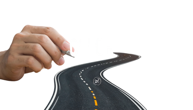 Hand writing "GOAL" on road. Asphalt curve leads forward over black backdrop