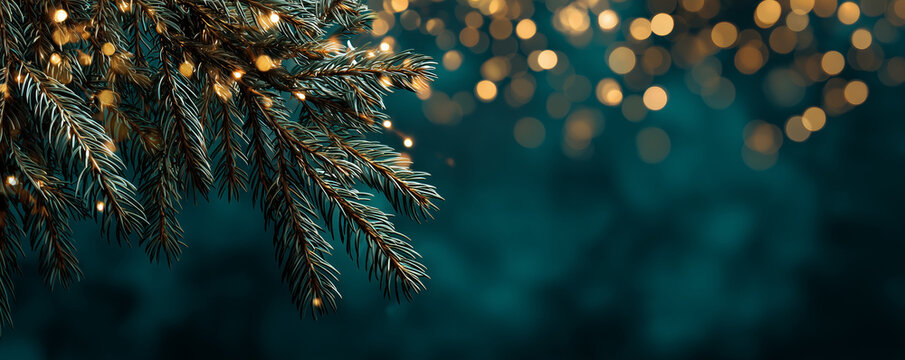 Elegant Christmas background with festive bokeh light on deep green backdrop. magical holiday invitation featuring fir branch with copy space for greeting