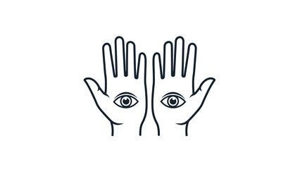 A minimalist illustration featuring two hands with eyes in the palms, symbolizing perception.