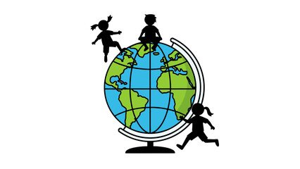 Silhouette children playing on a globe, representing global education and international travel.