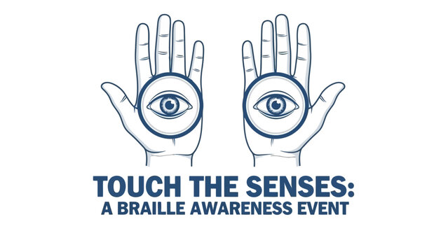 Promotional logo for 'Touch the Senses: A Braille Awareness Event' featuring two hands with eyes in the palms. - Powered by Adobe