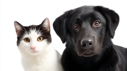 Fototapeta premium A beautiful close-up of a black labrador retriever and a curious white cat with patches. Ideal for pet lovers and animal enthusiasts. This image captures friendship and companionship. AI