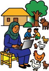 Muslim Woman Using Laptop in Rural Village