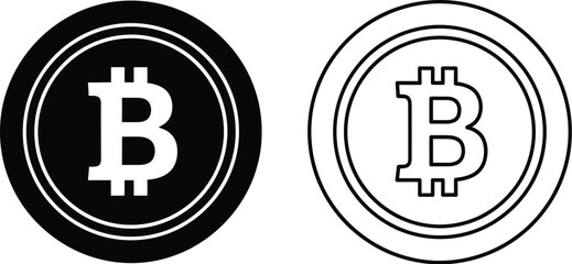 Two bitcoin symbols one filled and one outlined displayed side by side