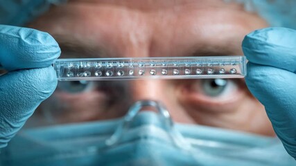 Technician in protective gear examining a sample with ultrathin selfhealing nanocoating emphasizing cuttingedge material science advancements and applications.