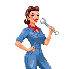 Retro Woman Mechanic Holding Wrench Confidently.